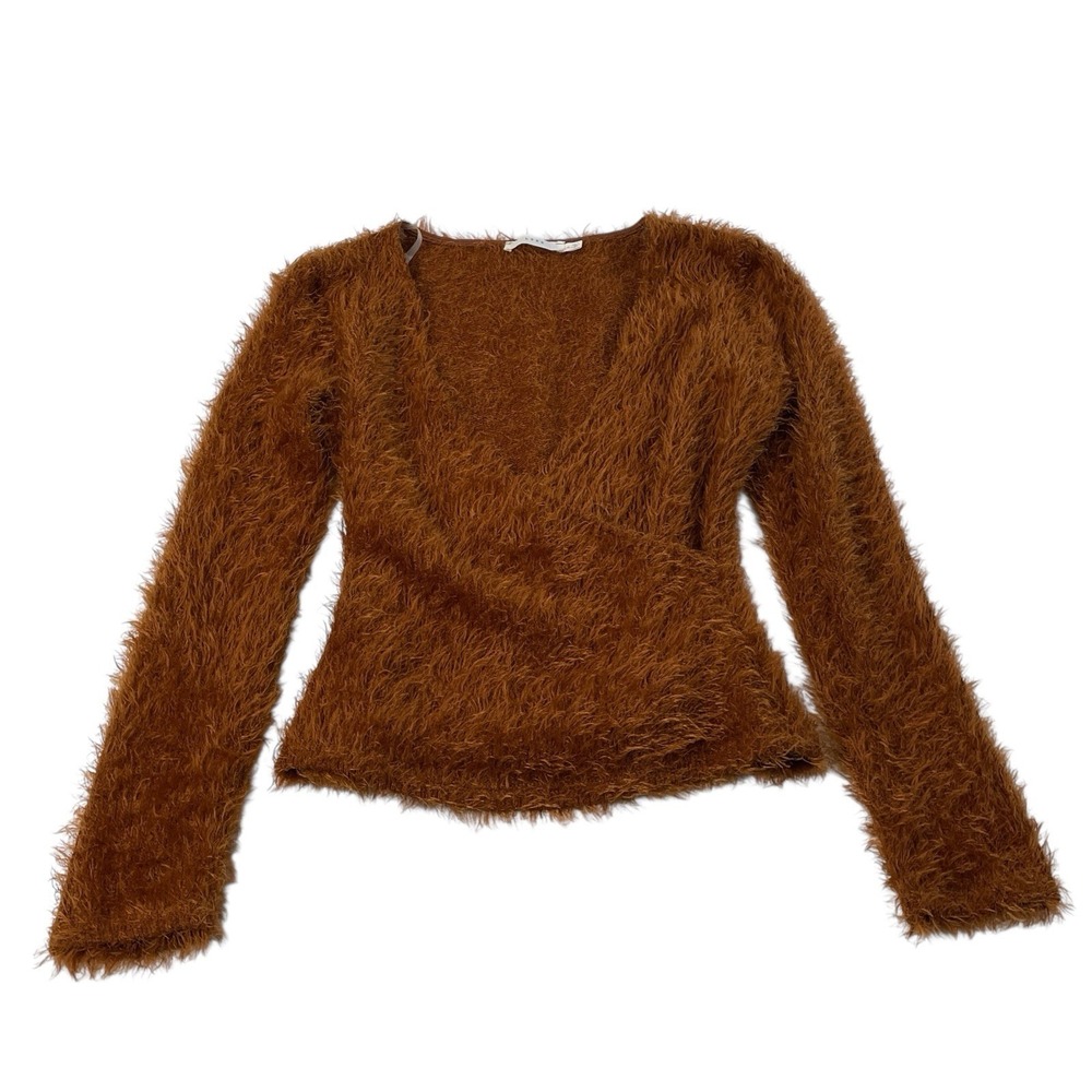 LUSH Fuzzy Wrap Sweater Rust Brown Long Sleeve Soft Knit Women's M